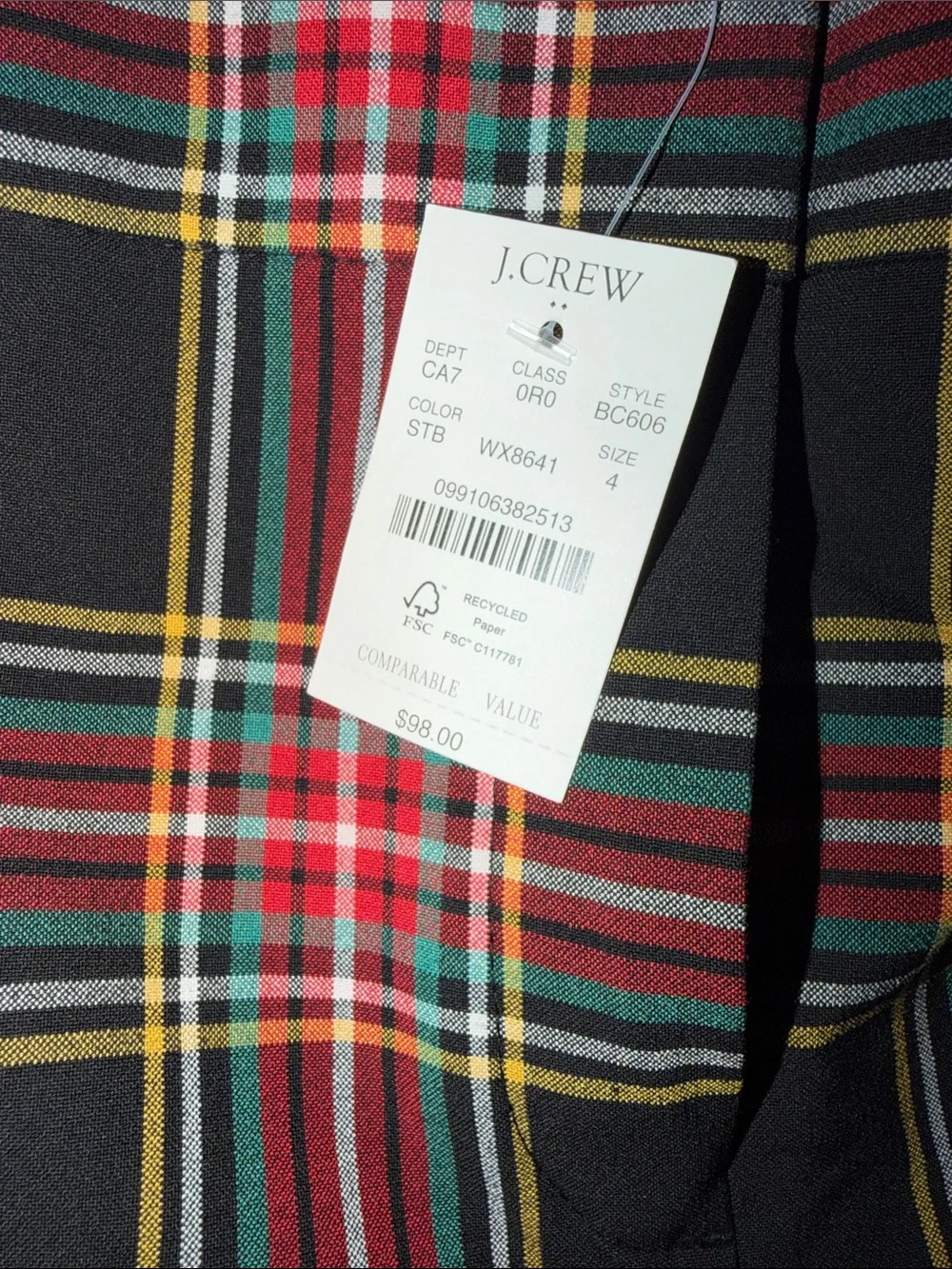 J. Crew Black Plaid Skirt with Red, Green & Yellow Tartan